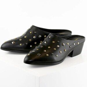 Intentionally Blank Studded Black Leather Mule Slipper Gold Silver Heels 39 9
